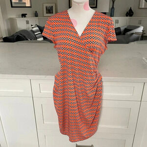 Jones New York Signature Petite Cap Sleeve Print Faux Wrap Dress Orange Sz MP
